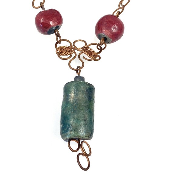 Vintage Rustic Tribal Western Oxidized Cooper Clay Beads Necklace 17" Handcraft - Picture 8 of 11
